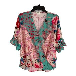 Umgee Womens Shirt Size Small Pink Green Cheetah Ruffle Oversized Wrap Blouse